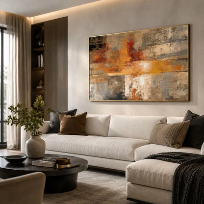 Quadro su tela Astratto Assoluto con cornice oro minimal e arte astratta moderna nei toni beige, grigio e arancio in soggiorno elegante