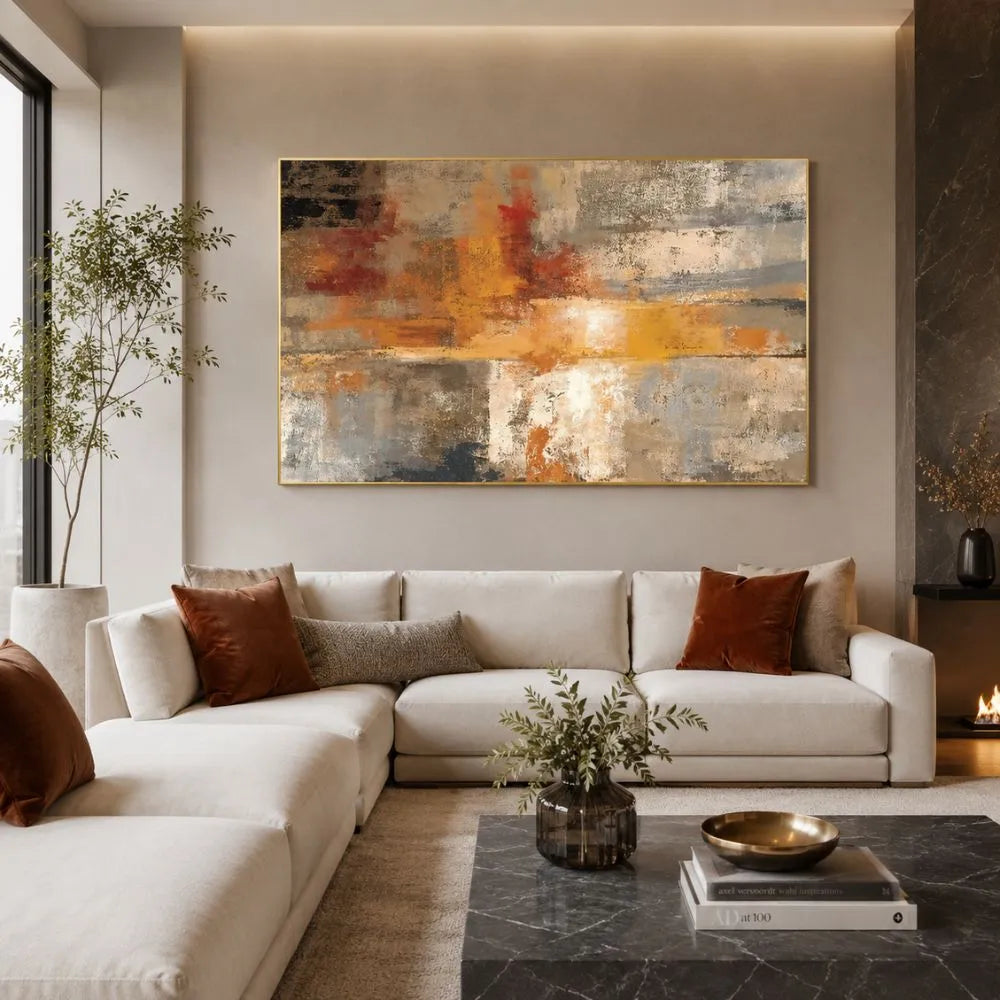 Quadro su tela Astratto Assoluto con cornice oro minimal e arte astratta moderna nei toni beige, grigio e arancio in soggiorno elegante