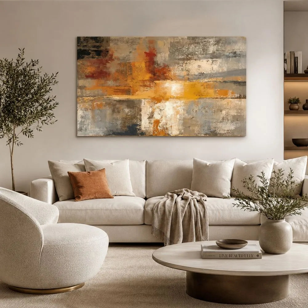 Quadro su tela Astratto Assoluto con arte astratta moderna nei toni beige, grigio e arancio in soggiorno elegante