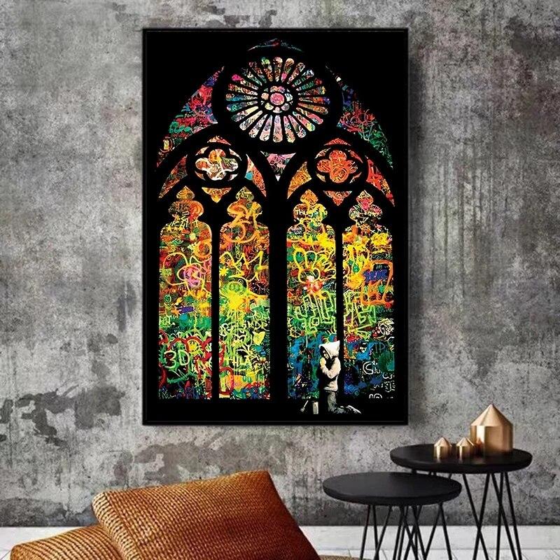 Colorful church window by Banksy 