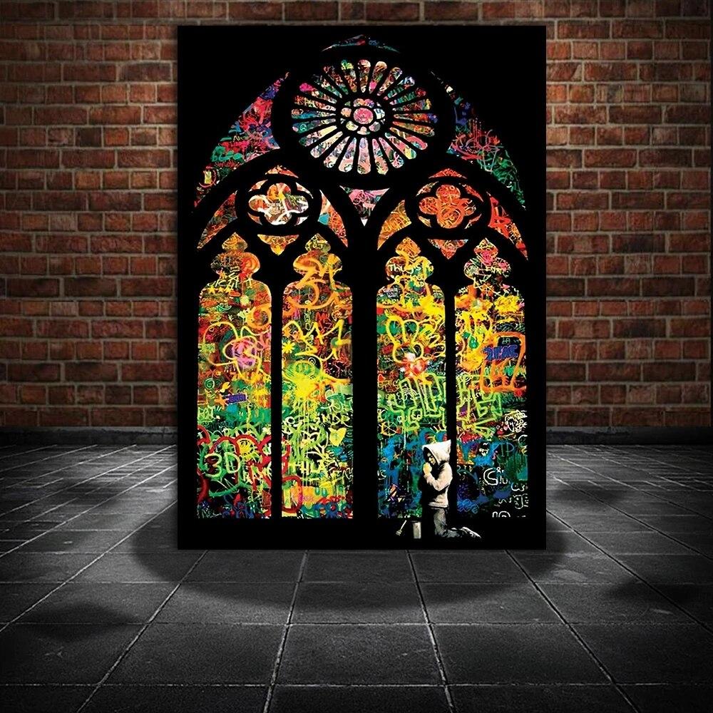 Colorful church window by Banksy 