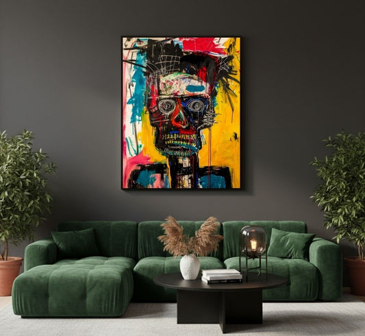 Quadro su tela moderno con teschio colorato in stile street art ispirato a Basquiat
