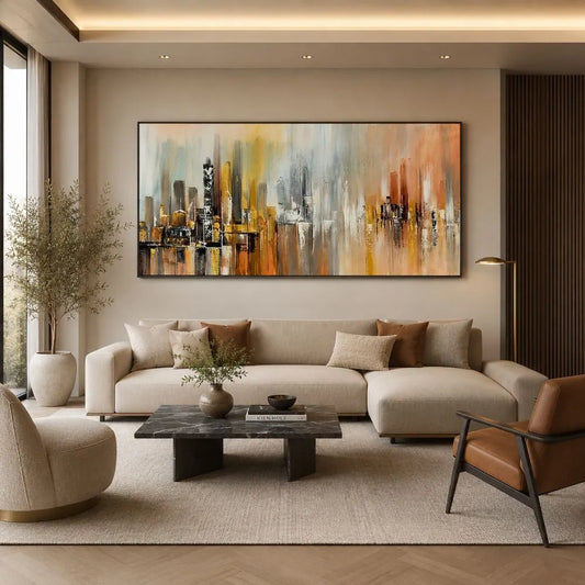 Quadro su tela Città Astratta con skyline urbano moderno, colori beige grigio e oro, cornice nera minimal in soggiorno contemporaneo
