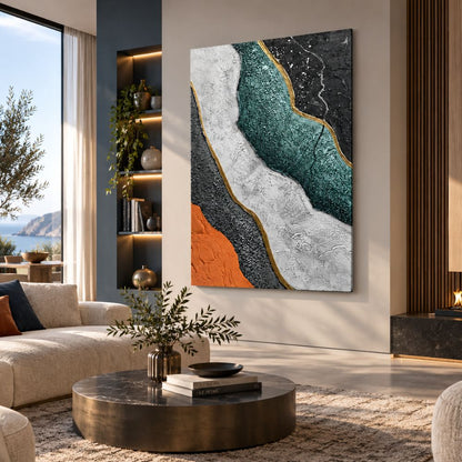 Quadro Contrasti Brillanti astratto verde, arancio, bianco e nero con dettagli dorati, stampa su tela in ambiente moderno elegante