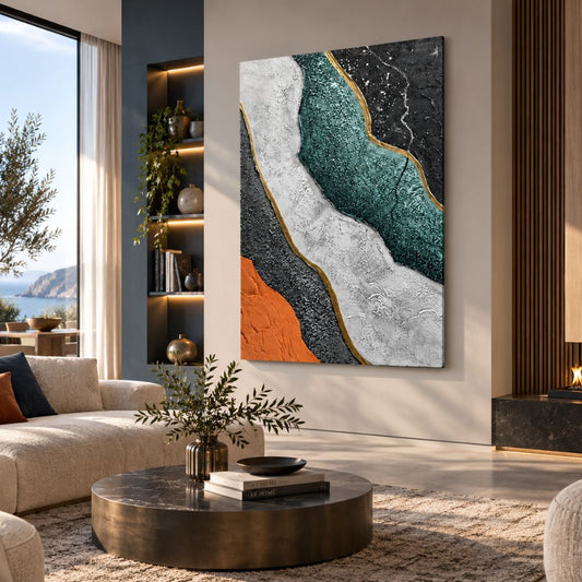 Quadro Contrasti Brillanti astratto verde, arancio, bianco e nero con dettagli dorati, stampa su tela in ambiente moderno elegante