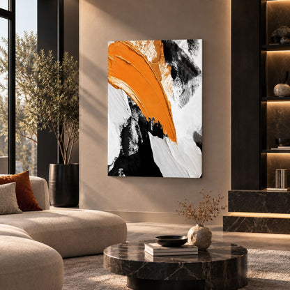 Quadro Contrasti Cromatici astratto con pennellate arancio, nero e bianco, stampa su tela moderna in soggiorno elegante