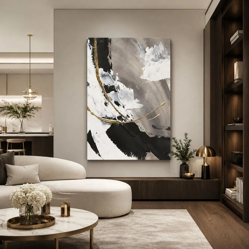 Quadro su tela Cromatismi Astratti con design astratto bianco, nero e oro, ideale per soggiorno moderno elegante