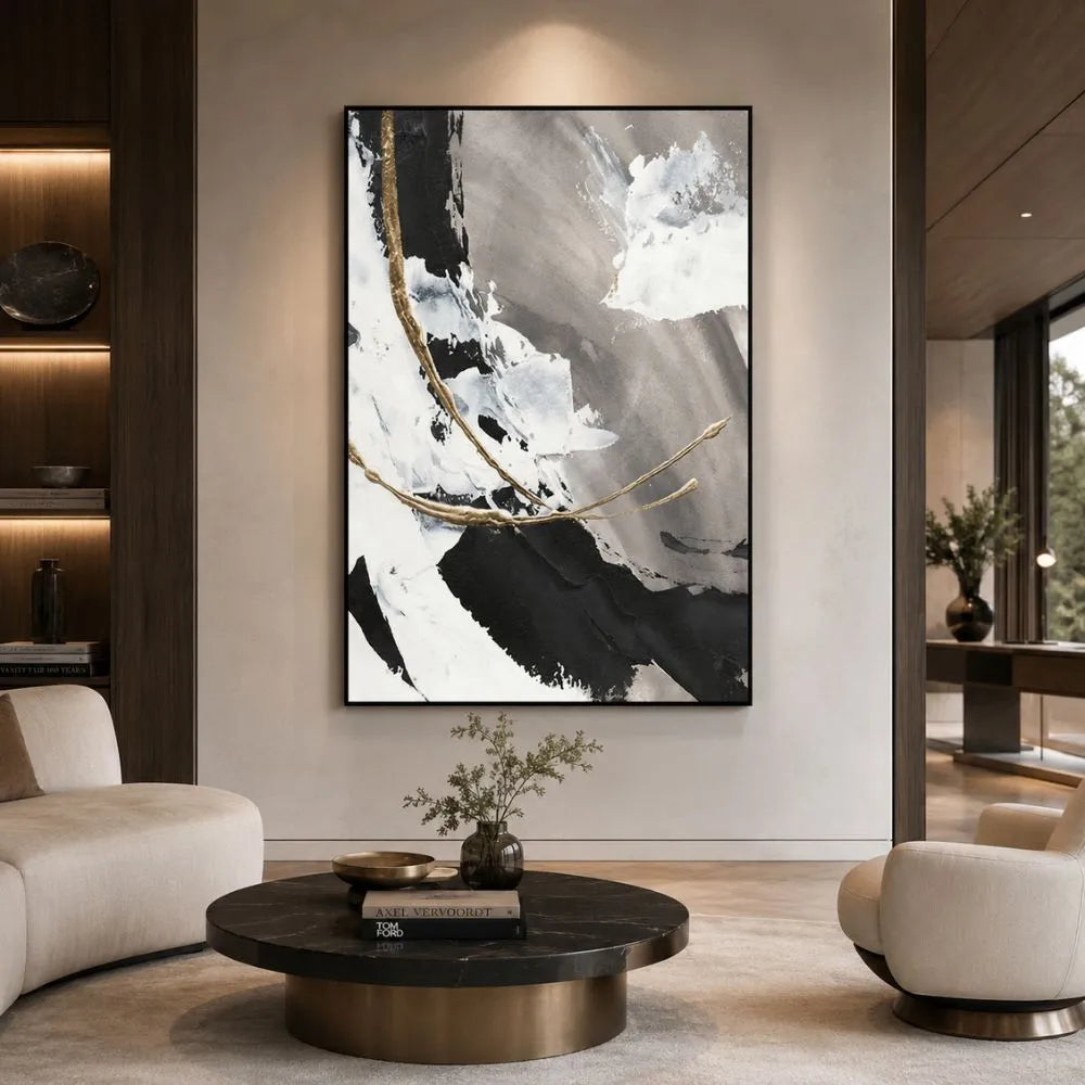 Quadro su tela Cromatismi Astratti con design astratto bianco, nero e oro, ideale per soggiorno moderno elegante