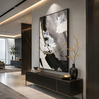 Quadro su tela Cromatismi Astratti con design astratto bianco, nero e oro, ideale per soggiorno moderno elegante