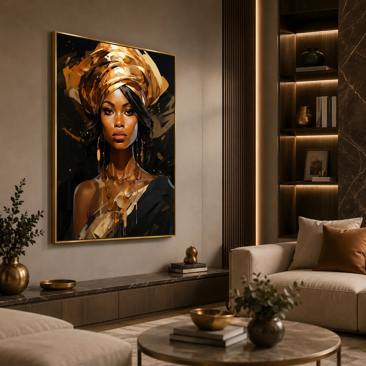 Quadro su tela Eleganza Infinita con ritratto femminile africano, dettagli dorati e cornice oro minimal per salotto elegante