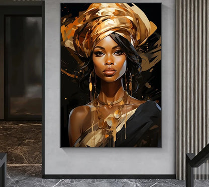 Quadro su tela Eleganza Infinita con ritratto femminile africano, dettagli dorati e cornice oro minimal per salotto elegante