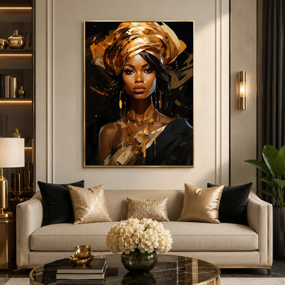 Quadro su tela Eleganza Infinita con ritratto femminile africano, dettagli dorati e cornice oro minimal per salotto elegante