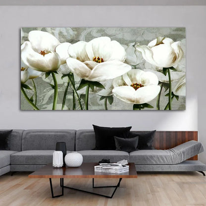 quadro equilibrio botanico stampa su tela fiori bianchi eleganti arredamento moderno soggiorno luminoso