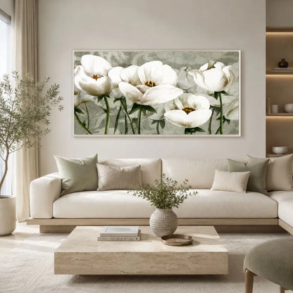 quadro equilibrio botanico stampa su tela fiori bianchi eleganti arredamento moderno soggiorno luminoso