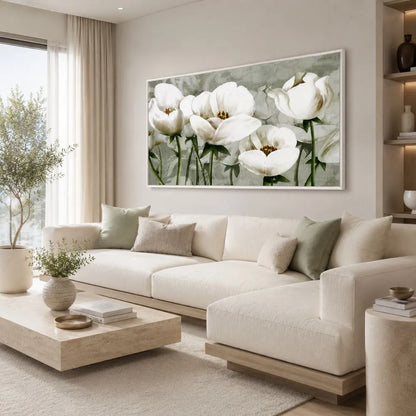 quadro equilibrio botanico stampa su tela fiori bianchi eleganti arredamento moderno soggiorno luminoso