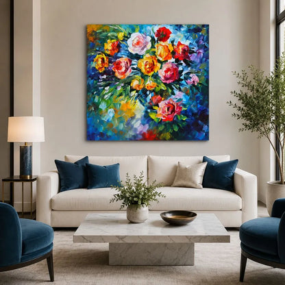Quadro su tela Fantasie di Fiori con fiori colorati e tonalità vivaci, ideale per soggiorno moderno elegante