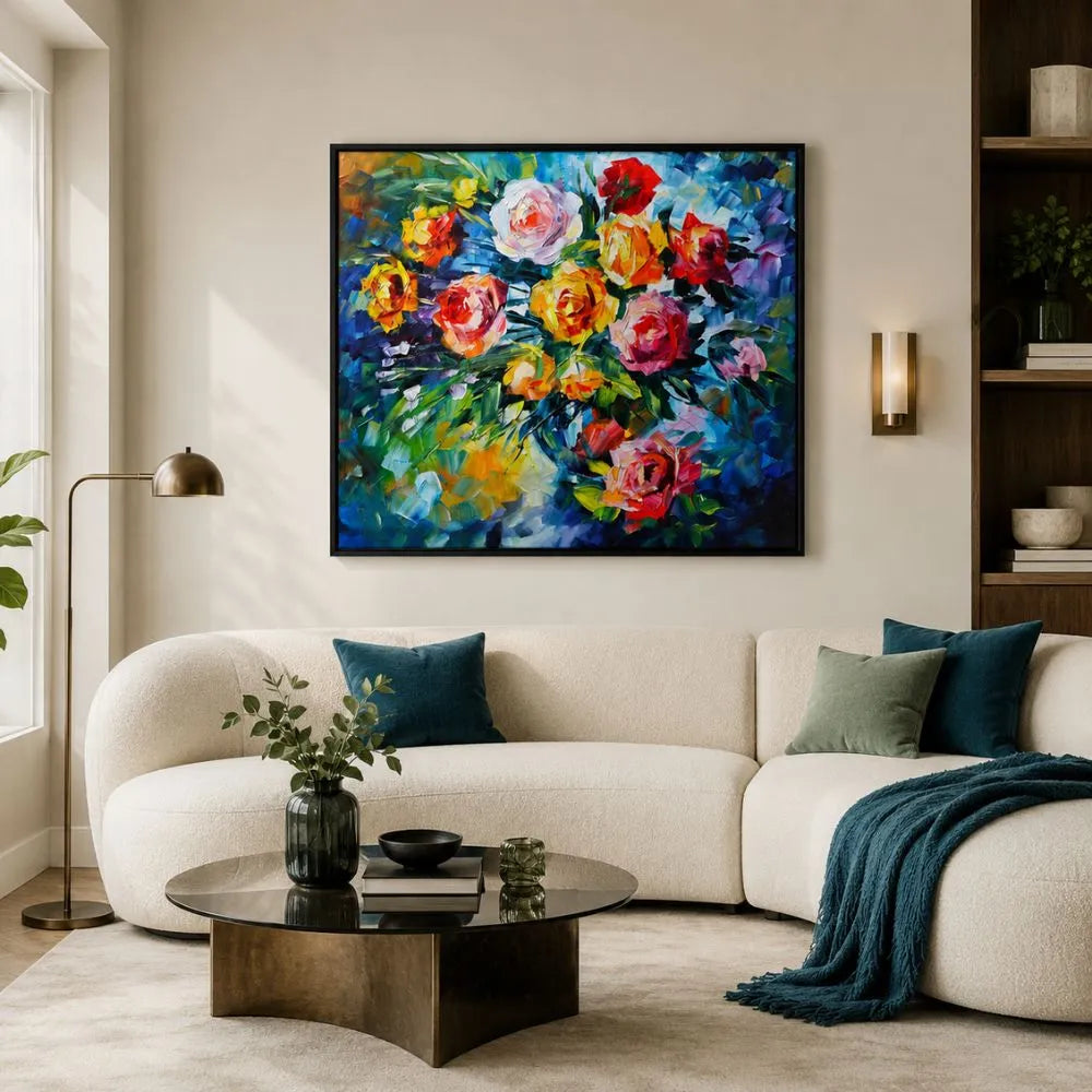 Quadro su tela Fantasie di Fiori con fiori colorati e tonalità vivaci, ideale per soggiorno moderno elegante