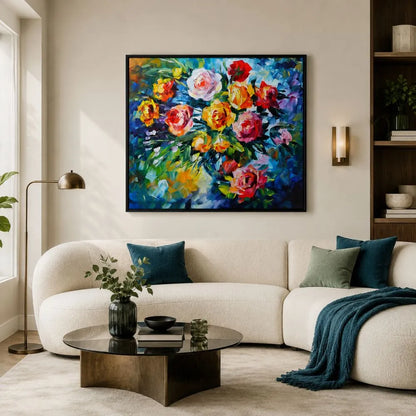 Quadro su tela Fantasie di Fiori con fiori colorati e tonalità vivaci, ideale per soggiorno moderno elegante