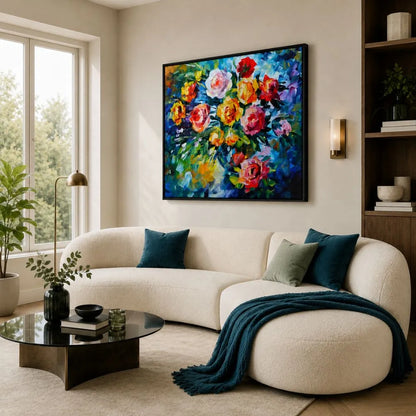 Quadro su tela Fantasie di Fiori con fiori colorati e tonalità vivaci, ideale per soggiorno moderno elegante