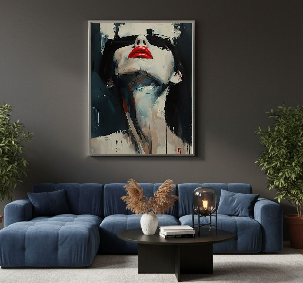 Quadro su tela moderno con volto femminile e labbra rosse su sfondo scuro