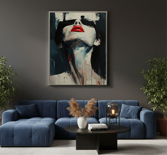 Quadro su tela moderno con volto femminile e labbra rosse su sfondo scuro