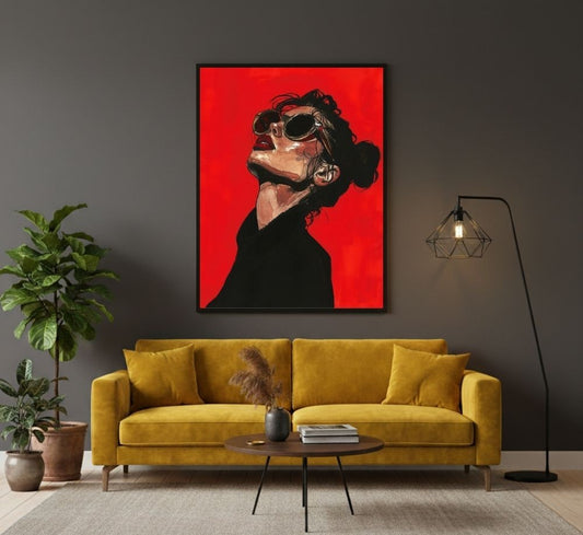 Quadro su tela moderno con donna elegante e occhiali da sole su sfondo rosso