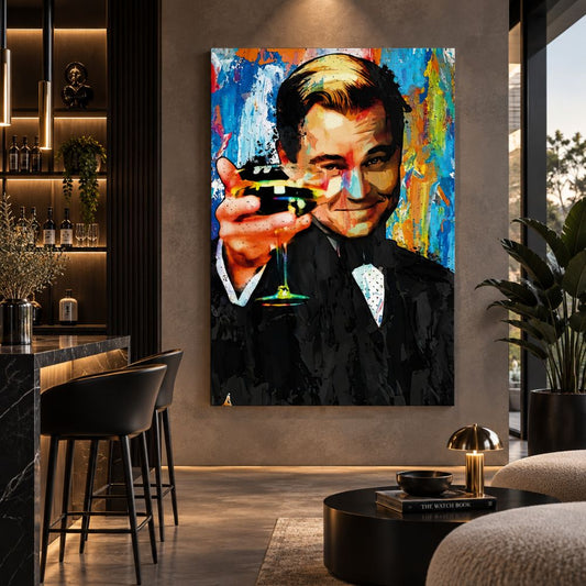 Quadro Il Grande Gatsby in stile Pop Art con protagonista che brinda, stampa su tela colorata ispirata al cinema