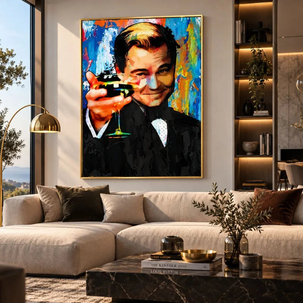 Quadro Il Grande Gatsby in stile Pop Art con protagonista che brinda, stampa su tela colorata ispirata al cinema