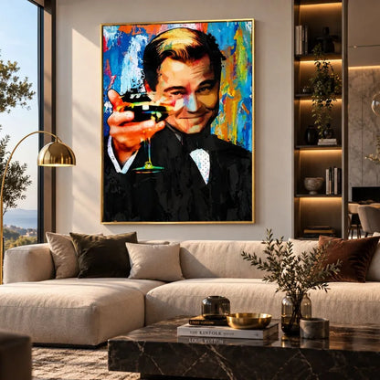 Quadro Il Grande Gatsby in stile Pop Art con protagonista che brinda, stampa su tela colorata ispirata al cinema