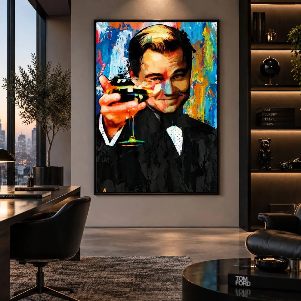 Quadro Il Grande Gatsby in stile Pop Art con protagonista che brinda, stampa su tela colorata ispirata al cinema