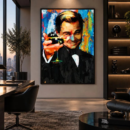 Quadro Il Grande Gatsby in stile Pop Art con protagonista che brinda, stampa su tela colorata ispirata al cinema