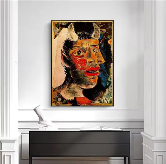 Riproduzione di “Capo del Fauno” di Pablo Picasso, ritratto surreale su tela, colori vividi.