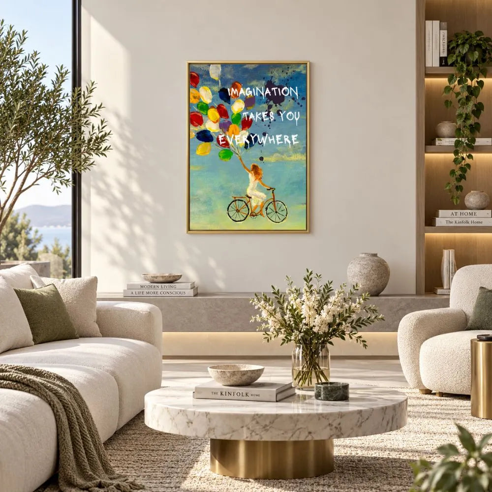 L'Immaginazione quadro moderno su tela con cornice oro di una ragazza in bicicletta e palloncini colorati, decorazione artistica per soggiorno moderno