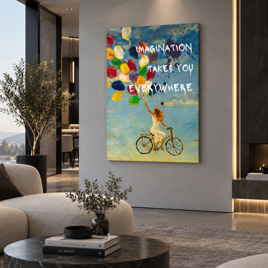 L'Immaginazione quadro moderno su tela con ragazza in bicicletta e palloncini colorati, decorazione artistica per soggiorno moderno