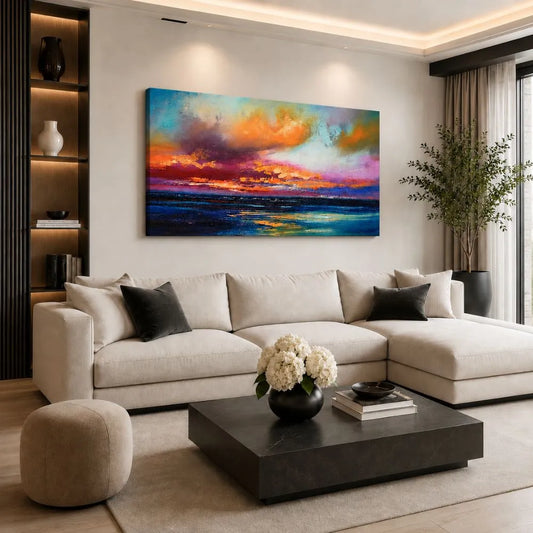 Immensità al tramonto – quadro su tela orizzontale con paesaggio al tramonto, Made in Italy

