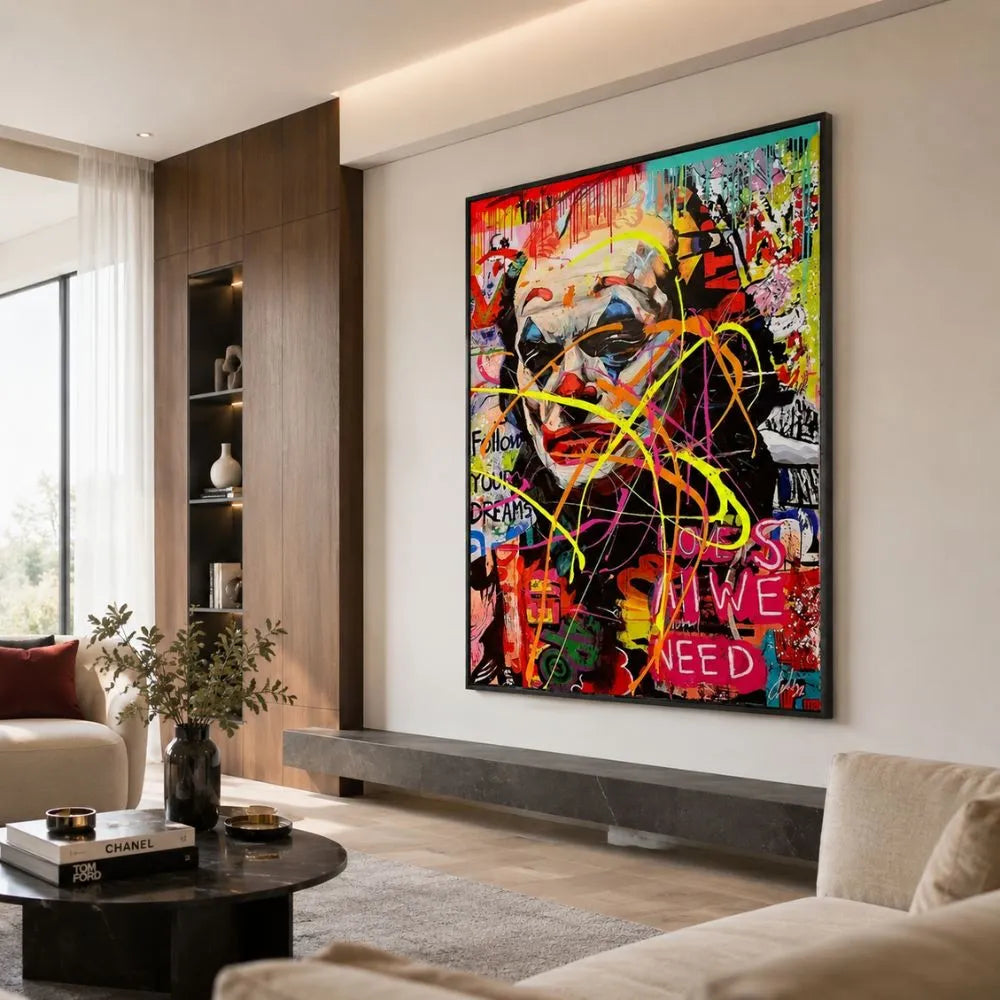 Quadro su tela Joker Follia Urbana con ritratto pop art graffiti e cornice nera minimal in ambiente moderno elegante