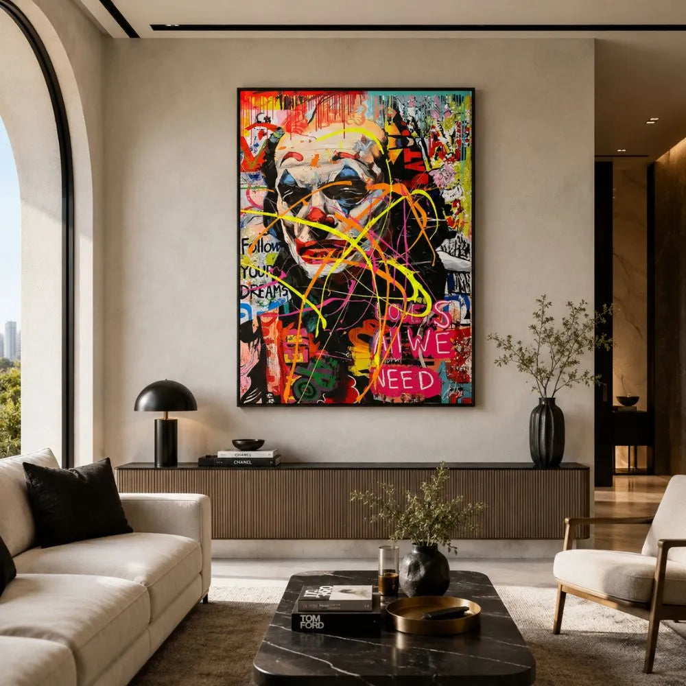 Quadro su tela Joker Follia Urbana con ritratto pop art graffiti e cornice nera minimal in ambiente moderno elegante