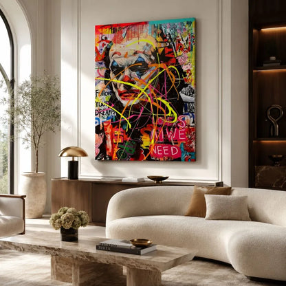 Quadro su tela Joker Follia Urbana con ritratto pop art graffiti in ambiente moderno elegante