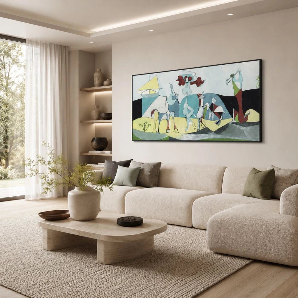 Quadro su tela La joie de vivre Pablo Picasso con composizione astratta colorata e cornice nera minimal in ambiente moderno elegante