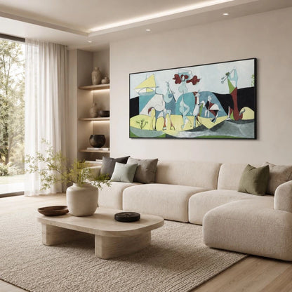 Quadro su tela La joie de vivre Pablo Picasso con composizione astratta colorata e cornice nera minimal in ambiente moderno elegante