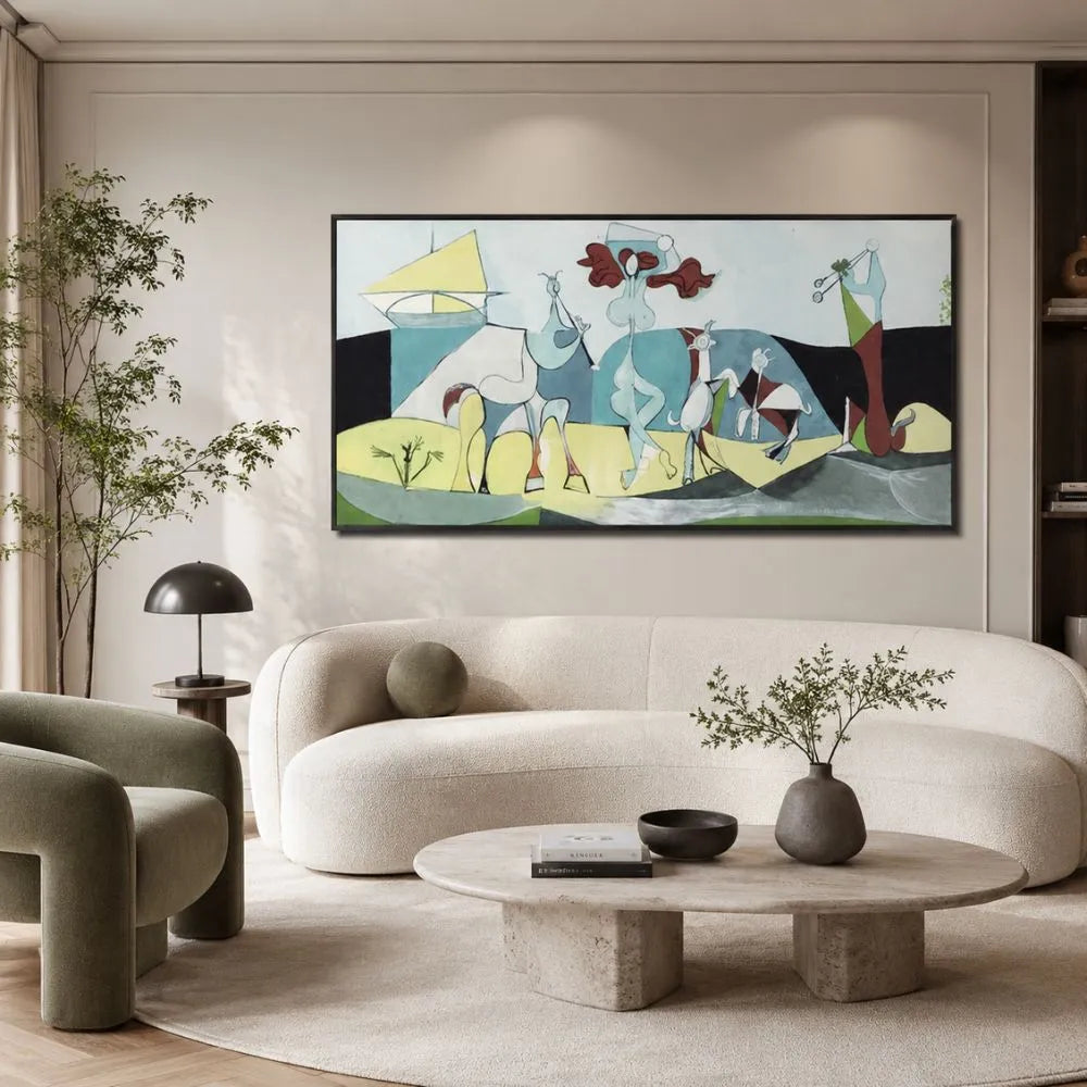 Quadro su tela La joie de vivre Pablo Picasso con composizione astratta colorata e cornice nera minimal in ambiente moderno elegante