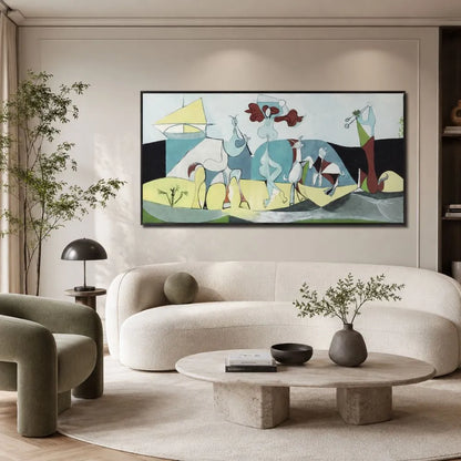 Quadro su tela La joie de vivre Pablo Picasso con composizione astratta colorata e cornice nera minimal in ambiente moderno elegante