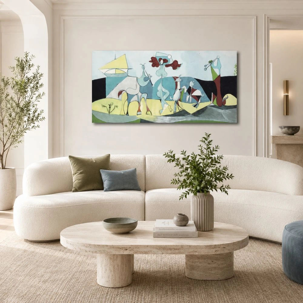 Quadro su tela La joie de vivre Pablo Picasso con composizione astratta colorata in ambiente moderno elegante