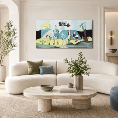 Quadro su tela La joie de vivre Pablo Picasso con composizione astratta colorata in ambiente moderno elegante