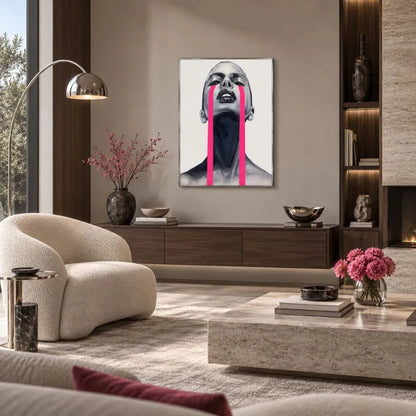 Lacrime Rosa quadro moderno su tela con volto femminile in bianco e nero e colature rosa con cornice argento per soggiorno moderno