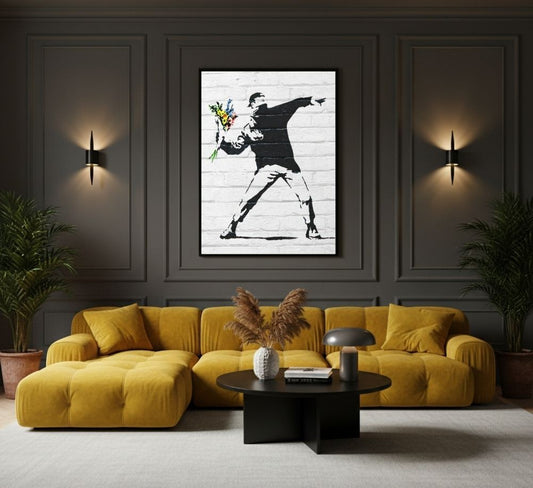Quadro su tela Lanciatore di Fiori in stile street art ispirato a Banksy
