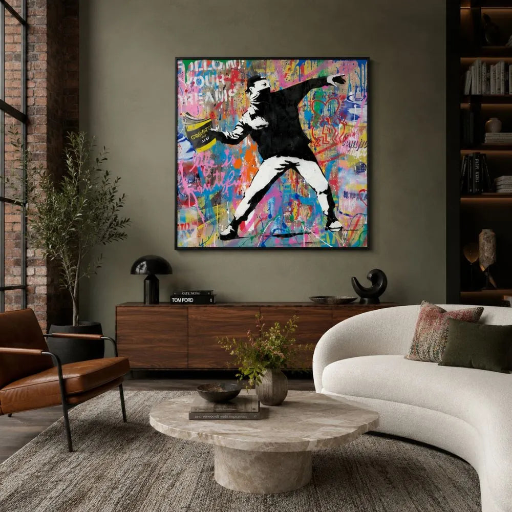 quadro lancio ribelle stampa su tela street art moderna graffiti colorati arredamento soggiorno contemporaneo