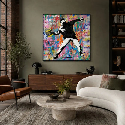 quadro lancio ribelle stampa su tela street art moderna graffiti colorati arredamento soggiorno contemporaneo