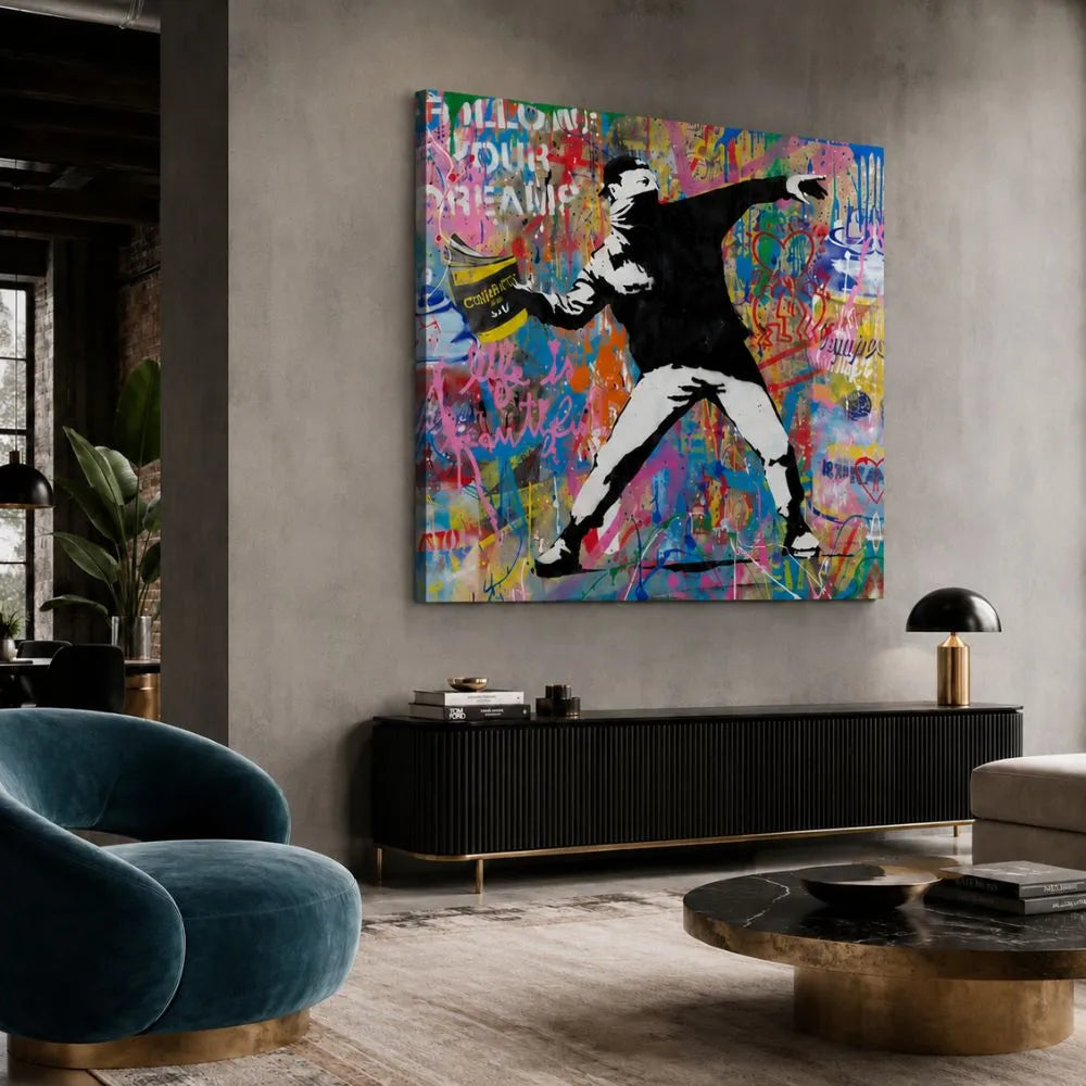 quadro lancio ribelle stampa su tela street art moderna graffiti colorati arredamento soggiorno contemporaneo
