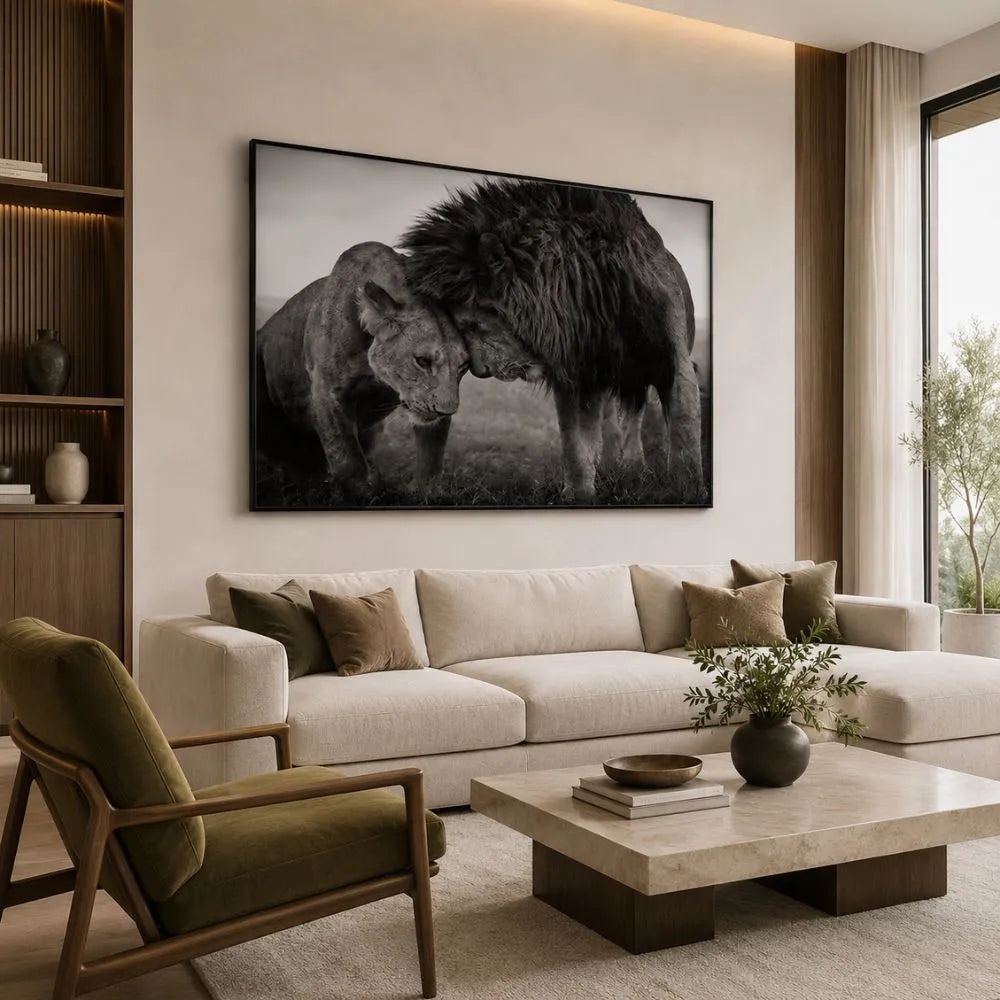 Quadro su tela Leone e Leonessa in bianco e nero con cornice nera minimal in ambiente moderno elegante